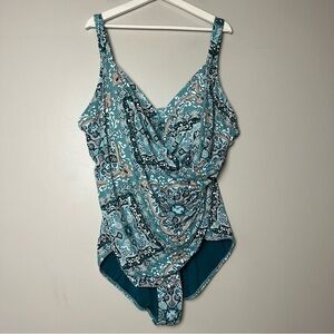 Jantzen Teal Paisley One Piece‎ Swimsuit 28W